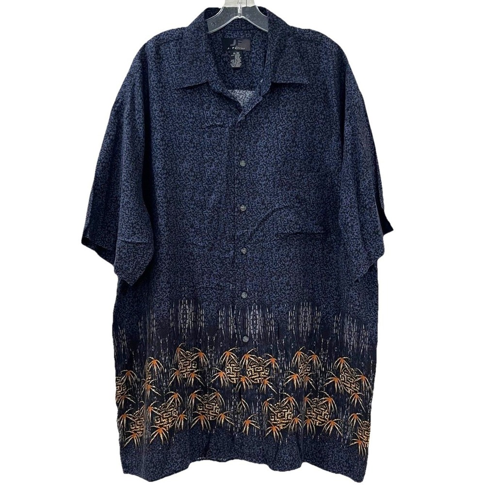 J. Ferrar Mens Hawaiian Shirt Size XL Blue Black Short Sleeve Lightweight Pocket